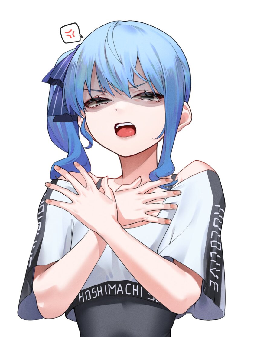 1girl anger_vein angry bare_shoulders black_leotard blue_eyes blue_hair blue_ribbon breasts character_name clothes_writing commentary covering_chest covering_privates crop_top crop_top_overhang disgust english_commentary eredhen fingernails glaring hair_ribbon highres hololive hololive_dance_practice_uniform hoshimachi_suisei leotard leotard_under_clothes looking_at_viewer medium_hair off-shoulder_shirt off_shoulder official_alternate_costume ribbon scowl shaded_face shirt side_ponytail sidelocks simple_background single_sidelock small_breasts solo spoken_anger_vein t-shirt upper_body virtual_youtuber white_background white_shirt