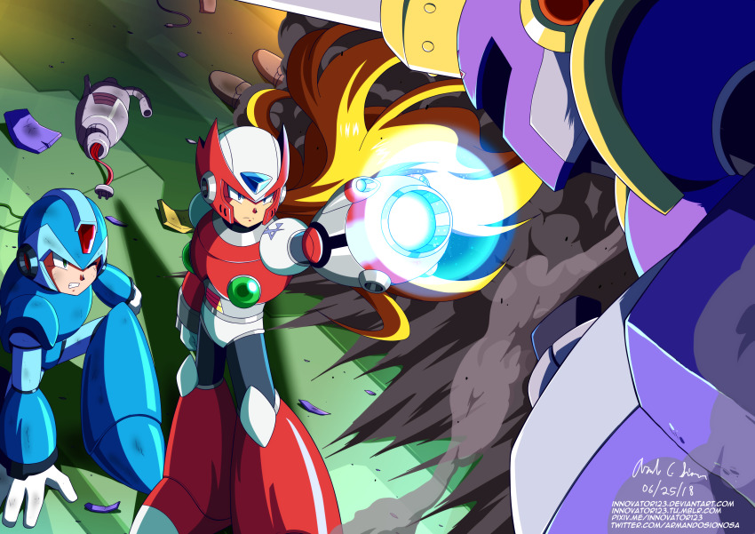 3boys absurdres android arm_cannon armor blonde_hair blue_eyes clenched_hand commentary damaged dated green_eyes hand_on_floor helmet highres innovator123 kneeling long_hair male_focus mega_man_(series) mega_man_x_(series) multiple_boys one_eye_closed robot signature smoke standing vile_(mega_man) watermark weapon web_address x_(mega_man) zero_(mega_man)