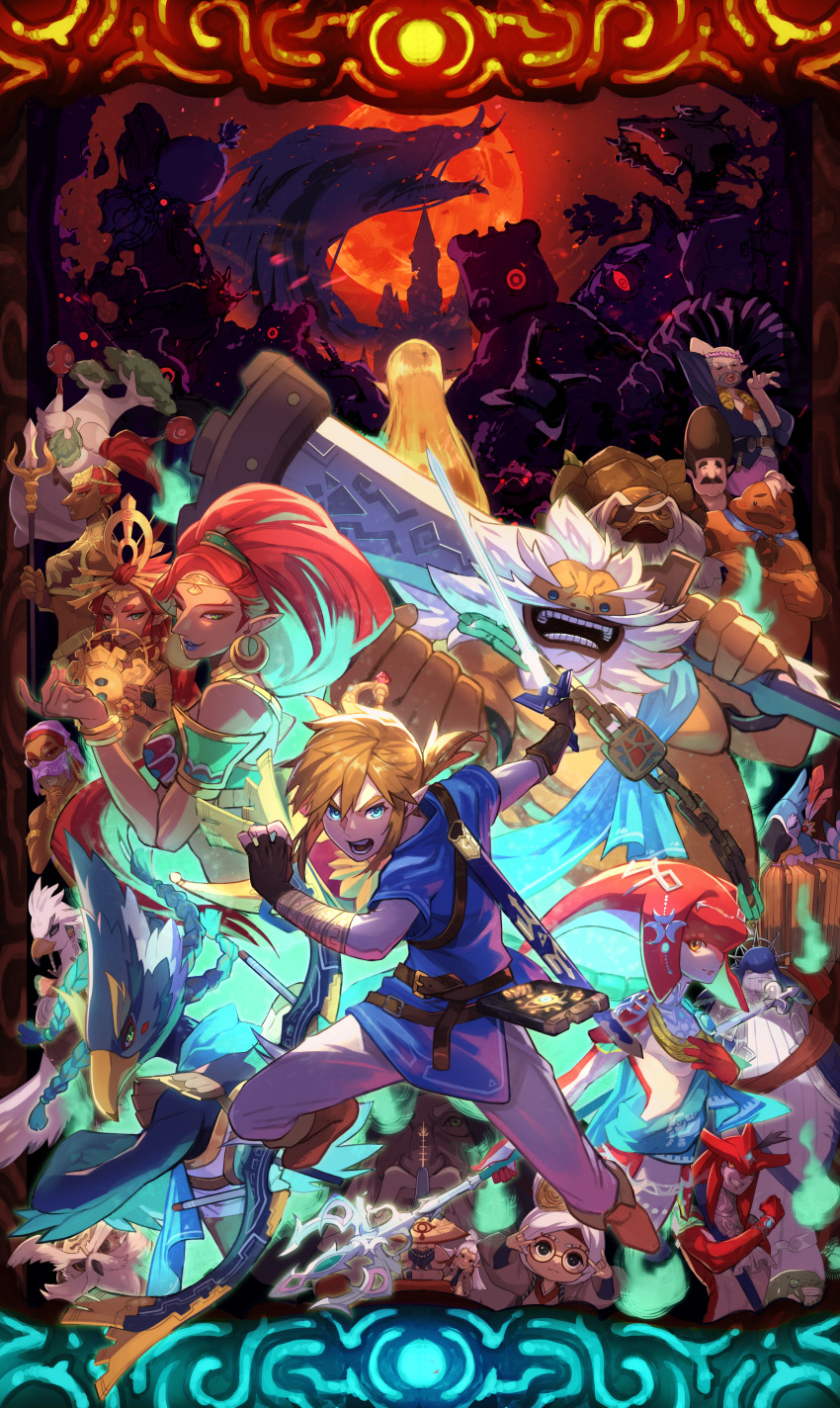6+boys 6+girls absurdres bow_(weapon) daruk everyone ganon gerudo goron guardian_(zelda) hestu highres impa kass link lynel master_sword mipha monster multiple_boys multiple_girls nintendo open_mouth paya_(zelda) polearm princess_zelda purah purah_(young) revali rhoam_bosphoramus_hyrule riju rito sheikah sheikah_slate shield sidon spear sword teba_(zelda) the_legend_of_zelda the_legend_of_zelda:_breath_of_the_wild the_legend_of_zelda:_tears_of_the_kingdom trident uedrk_yamato urbosa weapon yunobo zora