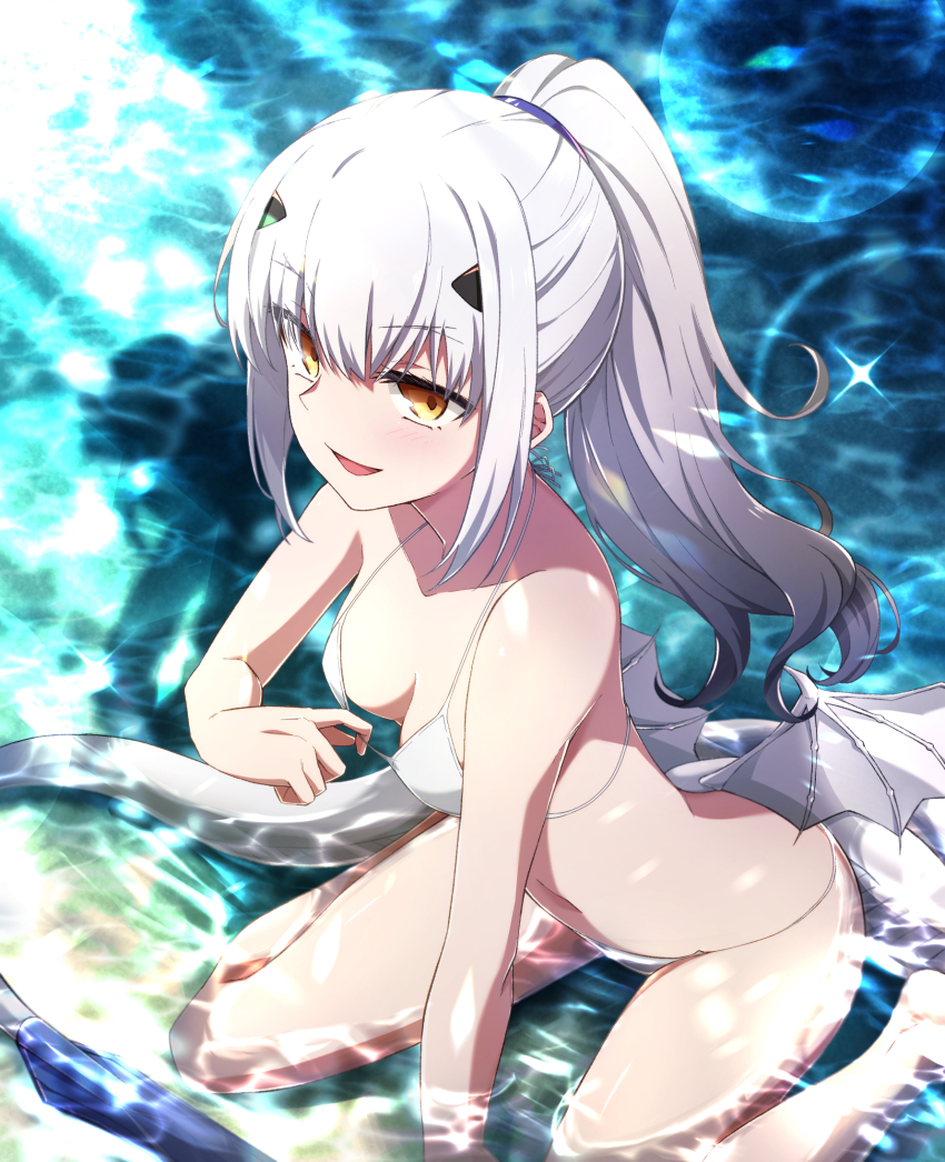 1girl alternate_costume alternate_hairstyle azami_masurao bikini blush breasts commentary_request dragon_girl dragon_tail dragon_wings fate/grand_order fate_(series) forked_eyebrows hair_ornament highres long_hair looking_at_viewer melusine_(fate) navel partially_submerged ponytail sidelocks sitting small_breasts smile solo stomach swimsuit tail wariza water white_bikini white_hair wings yellow_eyes