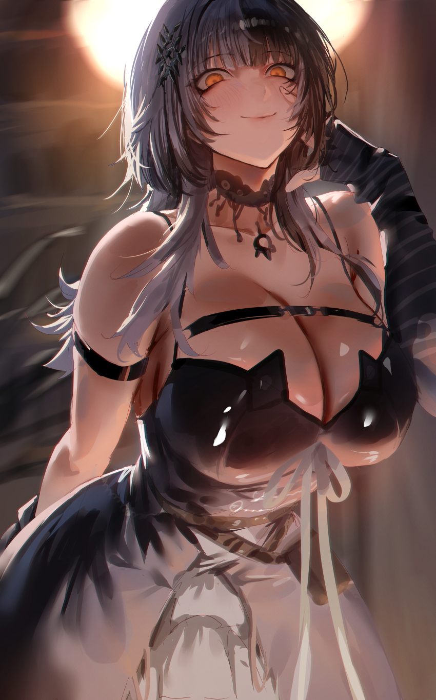 1girl absurdres arm_strap bare_shoulders black_dress black_hair blush breasts closed_mouth dress hair_ornament hand_up highres hololive hololive_english large_breasts long_sleeves looking_at_viewer multicolored_hair orange_eyes rororo shiori_novella solo two-tone_hair virtual_youtuber white_hair