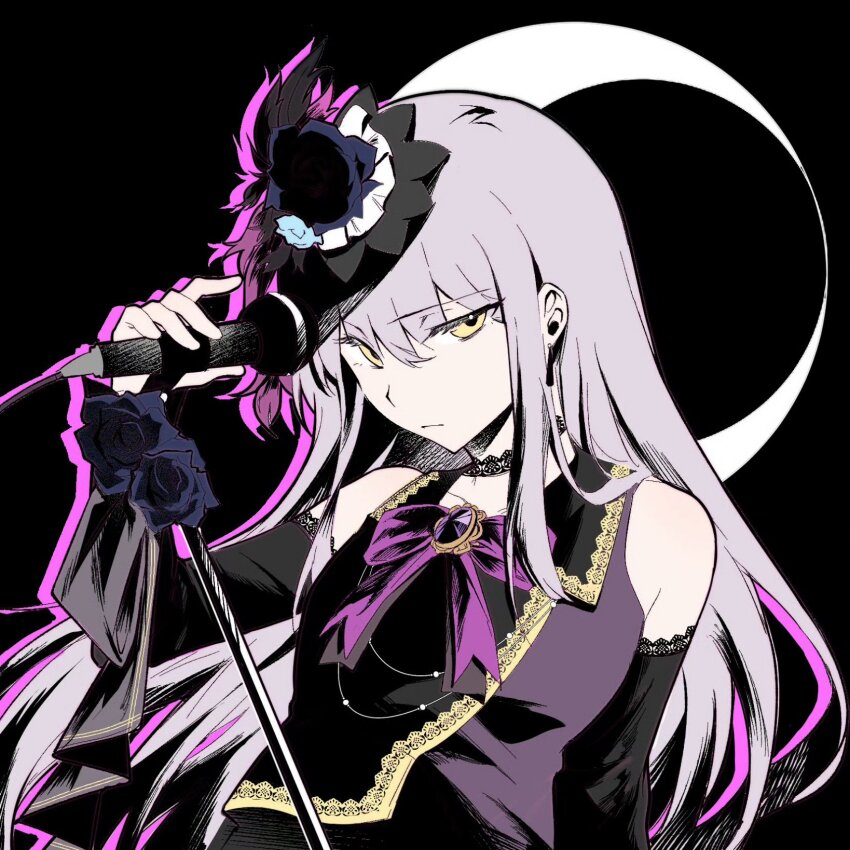 1girl :| arcgi4 arm_rest bang_dream! bare_shoulders black_background black_choker black_dress black_feathers black_flower black_ribbon black_rose blue_flower blue_rose bow bowtie chinese_commentary choker closed_mouth colored_shadow commentary_request detached_sleeves dress drop_shadow earrings eclipse feather_hair_ornament feathers flower gold_trim grey_hair hair_between_eyes hair_flower hair_ornament hand_up hat hat_flower highres holding holding_microphone jewelry leaning_to_the_side long_hair looking_at_viewer microphone microphone_stand minato_yukina purple_bow purple_bowtie purple_brooch ribbon rose shadow sleeveless sleeveless_dress solo three_quarter_view upper_body yellow_eyes