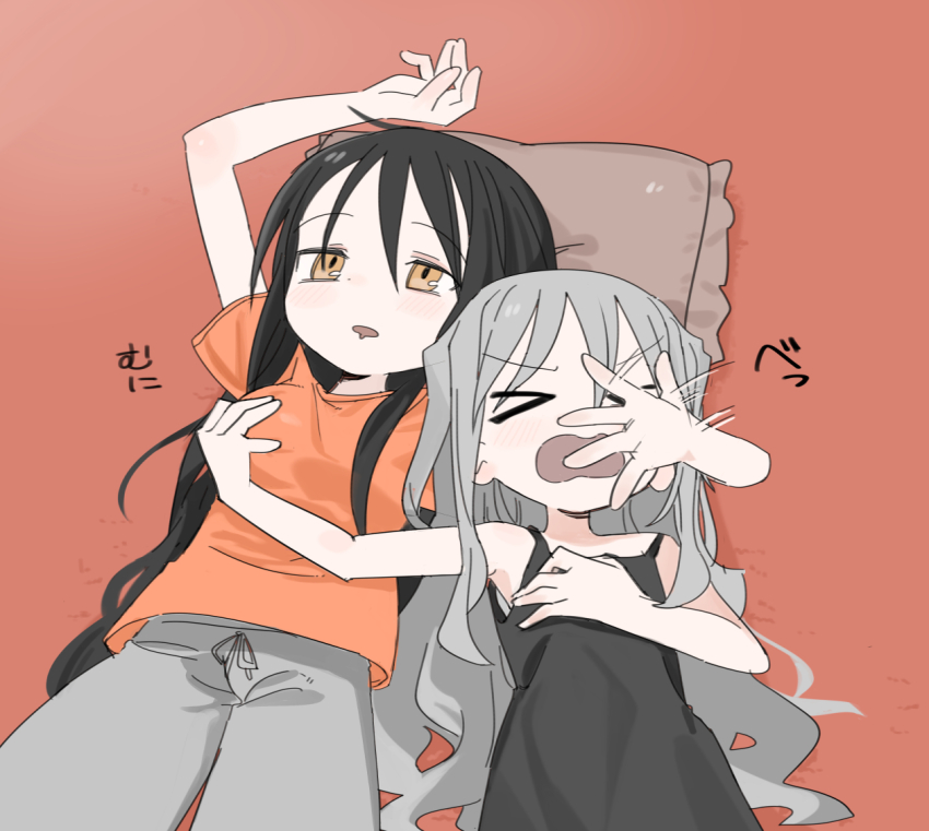 &gt;_&lt; 2girls agoshi_sakina arm_around_shoulder black_dress black_hair breasts dress drooling frown grey_hair grey_pants groping hair_down half-closed_eyes head_on_pillow in_the_face kokaki_mumose large_breasts long_hair looking_up lying mouth_drool multiple_girls null-meta on_back open_mouth orange_background orange_eyes orange_shirt outstretched_arm pants pillow shirt simple_background sleeveless sleeveless_dress smack souen_chiaki spaghetti_strap staring sweatpants t-shirt translation_request v-shaped_eyebrows wavy_hair