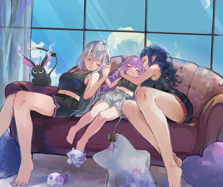 animal animal_ears barefoot bell blue_hair bow breasts closed_eyes cow_ears cow_girl cow_horns cow_tail dizzy_dokuro ember_amane highres holding_another&#039;s_hand holding_hands horns hug kinose_tru large_breasts mini_moo multicolored_nails muu_muyu nail_polish phase_connect pointy_ears shoes single_shoe single_slipper slippers smile tail tail_bell tail_bow tail_ornament toenail_polish toenails toes virtual_youtuber white_hair