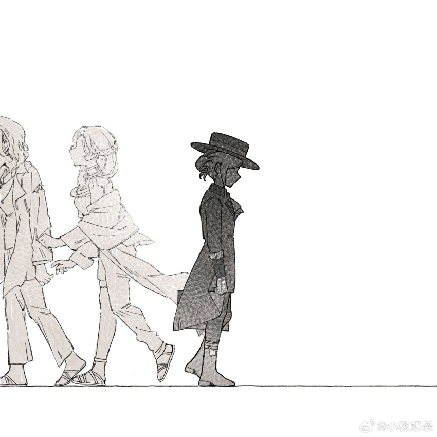 3girls ascot asymmetrical_clothes bare_shoulders boater_hat boots coat faceless following from_side full_body greyscale hair_bun hair_over_shoulder highres holding holding_suitcase kaalaa_baunaa kumar_(reverse:1999) long_hair long_sleeves monochrome multiple_girls ochano off_shoulder pants profile reverse:1999 sandals short_hair single_pantsleg single_side_bun suitcase torn_clothes torn_coat vertin_(reverse:1999) walking watermark weibo_watermark white_background