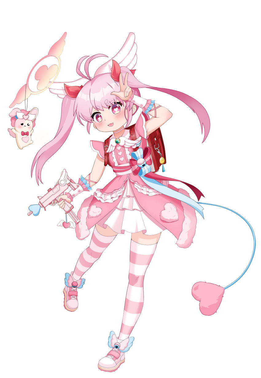 1girl absurdres bag blue_archive blush breasts frilled_skirt frills gun hair_ornament halo head_wings highres long_hair magical_girl mascot open_mouth original pink_hair school_bag shoes skirt small_breasts smile striped_clothes striped_thighhighs submachine_gun thighhighs twintails user_hrnw3725 v weapon winged_shoes wings