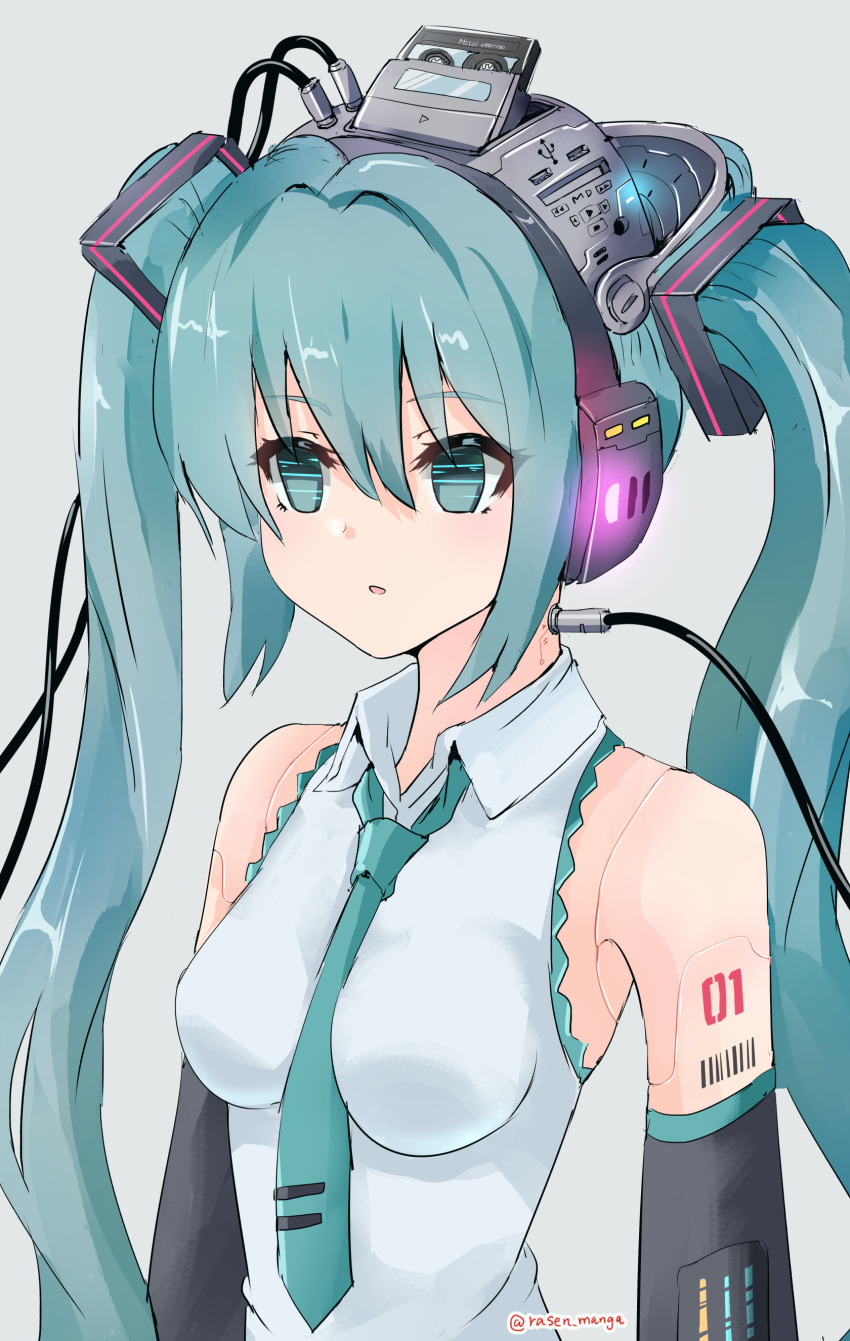 1girl absurdres android aqua_eyes aqua_hair aqua_necktie bare_shoulders black_sleeves breasts cable collared_shirt commentary detached_sleeves empty_eyes grey_background hair_ornament hatsune_miku headphones highres joints long_hair long_sleeves mechabare miku_day necktie number_tattoo parted_lips rasen_manga robot_joints shirt shoulder_tattoo sidelocks simple_background sleeveless sleeveless_shirt small_breasts solo subdermal_port tattoo twintails twitter_username upper_body very_long_hair vocaloid white_shirt