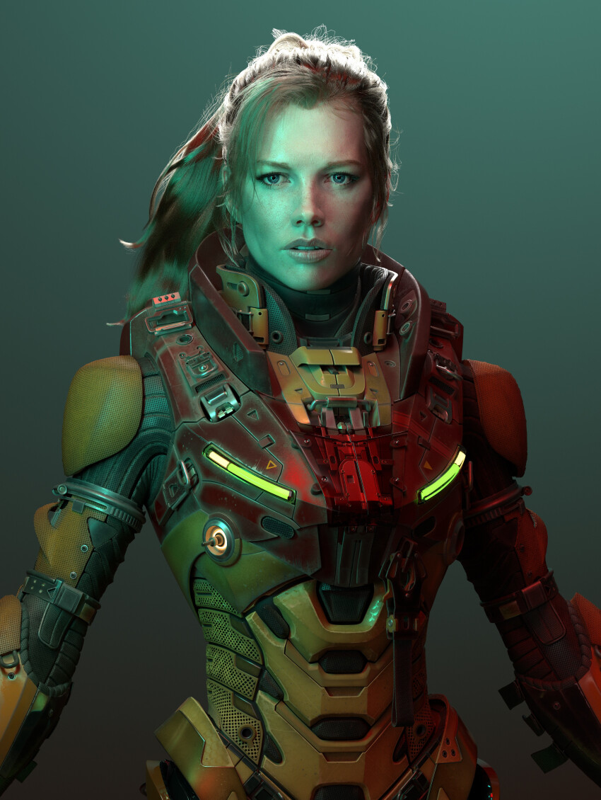 1girl 3d absurdres armor blonde_hair helmet highres kim_basinger light lips looking_at_viewer luis_nieves machinery maya_(medium) mecha metroid metroid_(classic) nintendo photorealistic portrait power_armor power_suit_(metroid) realistic robot samus_aran science_fiction super_metroid unworn_headwear unworn_helmet zbrush_(medium)