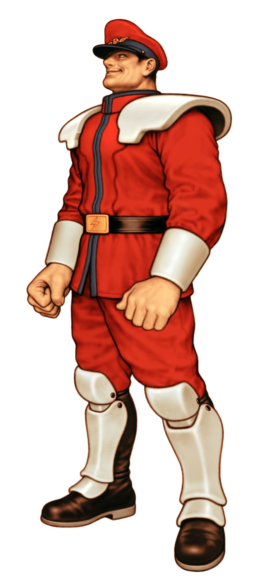 1boy absurdres belt black_boots boots capcom_vs_snk_2 clenched_hands evil_grin evil_smile facing_viewer full_body game_cg grin hat highres knee_pads m._bison male_focus mori_toshiaki muscular muscular_male non-web_source official_art peaked_cap shoulder_pads simple_background smile solo street_fighter teeth upturned_eyes veins veiny_hands white_background