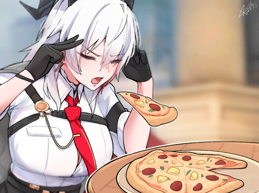 1girl armband bags_under_eyes black_armband black_gloves black_horns blurry blurry_background breasts button_gap chest_harness closed_eyes collared_shirt commentary_request curled_horns dated food gloves hair_between_eyes hands_on_own_head harness hawaiian_pizza horns large_breasts mole mole_under_eye necktie open_mouth photo-referenced pineapple_on_pizza pizza red_necktie shirt shirt_tucked_in signature solo starblame white_shirt wuthering_waves zani_(wuthering_waves)