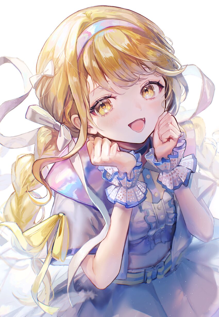 1girl :3 :d absurdres belt blonde_hair blue_choker blush bow braid breasts center_frills choker clenched_hands commentary_request cropped_shirt fang frilled_wrist_cuffs frills fujita_kotone gakuen_idolmaster hair_bow hair_intakes hair_ribbon hairband hands_up highres holographic_clothing idolmaster iridescent jacket light_particles long_hair looking_at_viewer looking_to_the_side medium_breasts midriff multicolored_hairband multicolored_jacket navel open_mouth pipi_(pipinavigation) ribbon sekaiichi_kawaii_watashi_(idolmaster) shirt short_sleeves simple_background skirt smile solo swept_bangs thick_eyelashes twin_braids upper_body white_background white_bow white_jacket white_ribbon white_shirt white_wrist_cuffs wrist_cuffs yellow_eyes yellow_ribbon