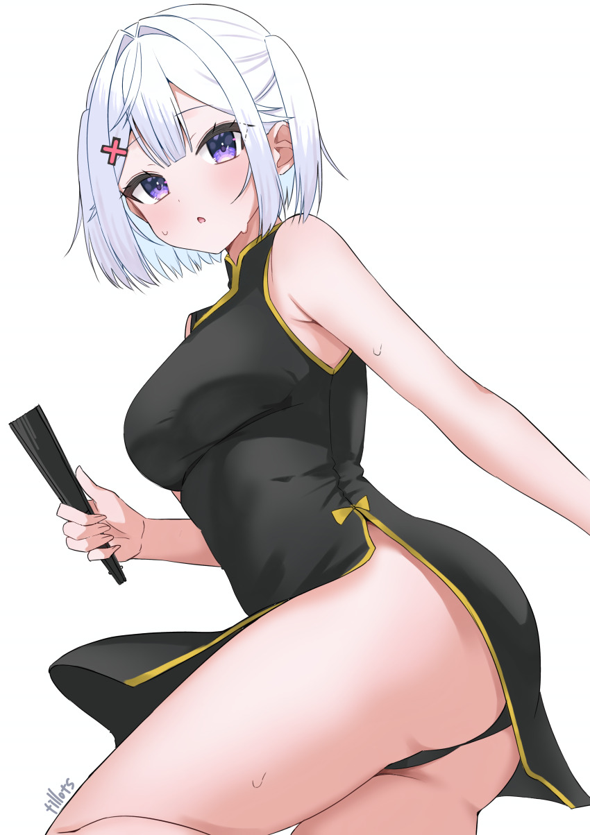 1girl :o absurdres artist_name ass bare_shoulders black_dress black_panties breasts center-flap_bangs china_dress chinese_clothes commentary dress folding_fan from_side hair_intakes hair_ornament hand_fan highres holding light_blush looking_at_viewer mandarin_collar medium_breasts original panties pelvic_curtain purple_eyes raised_eyebrows short_hair sidelocks sleeveless sleeveless_dress solo standing standing_on_one_leg sweat symbol-only_commentary thick_thighs thighs tillots two_side_up underwear white_background white_hair x_hair_ornament