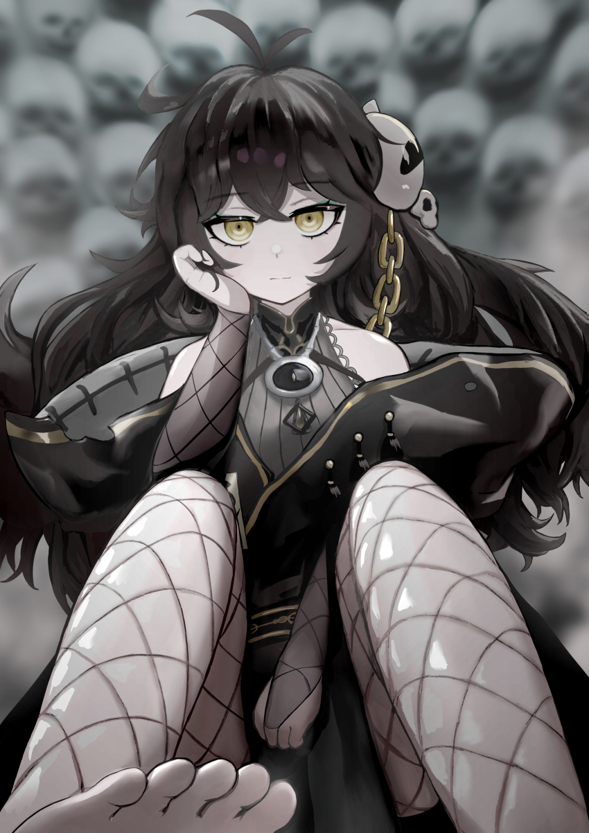 :| absurdres ahoge bare_shoulders barefoot black_hair breasts chain closed_mouth dimensionless88 facing_viewer fishnet_pantyhose fishnet_sleeves fishnets gold_chain grimmi_(vtuber) hair_between_eyes hair_ornament hand_on_own_cheek hand_on_own_face highres indie_virtual_youtuber jewelry leotard long_hair mandarin_collar messy_hair off_shoulder official_alternate_costume on_ground pale_skin pantyhose pendant pile_of_skulls ringed_eyes sidelocks sitting skull skull_hair_ornament straight-on toes very_long_hair virtual_youtuber yellow_eyes