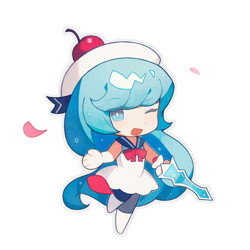 1girl ;d absurdly_long_hair absurdres baojiang_tuzhi beret blue_eyes blue_hair bright_pupils cherry_hat_ornament chibi chibi_only cookie_run cream_soda_cookie dot_nose dress drop_shadow fake_transparency falling_petals fewer_digits flipped_sidelocks full_body happy hat highres holding holding_sword holding_weapon humanization knee_up light_blue_hair long_hair looking_at_viewer no_feet one_eye_closed open_hand open_mouth petals pink_petals sailor_collar sailor_hat shoes simple_background smile standing standing_on_one_leg swept_bangs sword three_quarter_view very_long_hair wavy_hair weapon white_background white_dress white_footwear white_hat white_pupils
