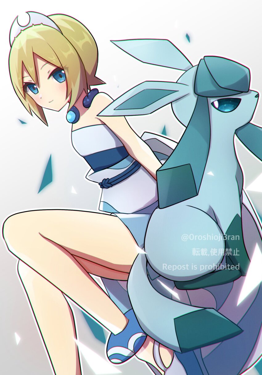 0roshioji3ran 1girl alternate_color anklet aqua_eyes blonde_hair blush closed_mouth collar commentary_request game_freak gen_4_pokemon glaceon gradient_background hair_between_eyes hairband highres irida_(pokemon) jewelry nintendo outline pokemon pokemon_(creature) pokemon_masters_ex sash shirt shoes short_hair shorts smile strapless strapless_shirt twitter_username waist_cape watermark