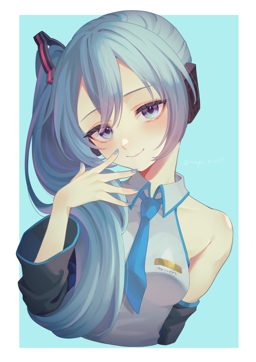1girl absurdres blue_eyes blue_hair blue_nails hatsune_miku hatsune_miku_(noodle_stopper) highres looking_at_viewer meme nagi-negitoro nail_polish side_ponytail sidetail_miku_noodle_stopper_(meme) solo vocaloid