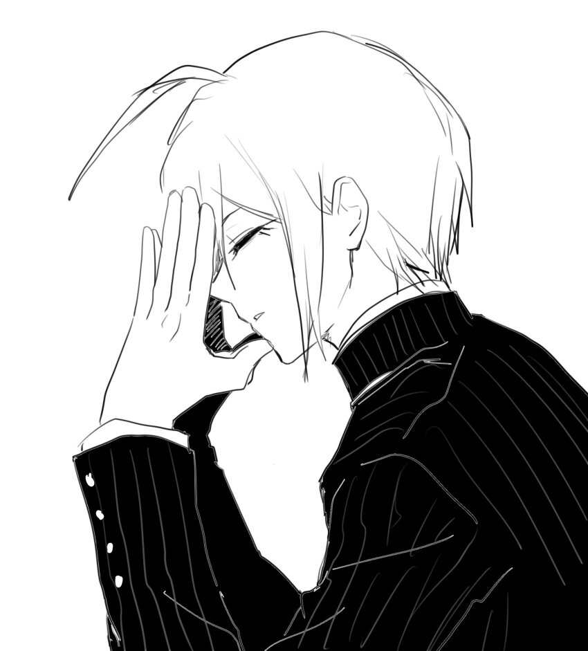 1boy ahoge closed_eyes danganronpa_(series) danganronpa_v3:_killing_harmony greyscale highres jacket male_focus monochrome nekor0id nyapitalism parted_lips profile saihara_shuichi short_hair solo striped_clothes striped_jacket teeth upper_body