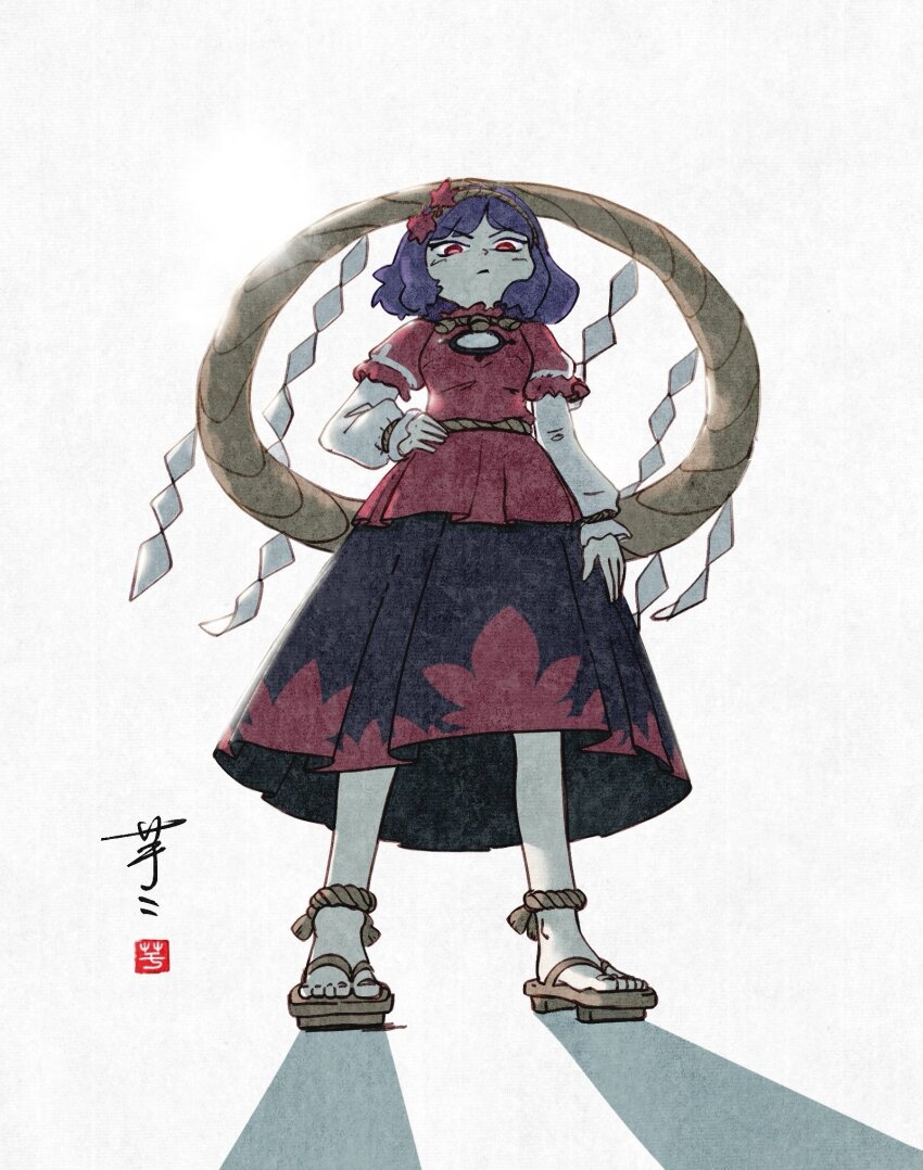 1girl ay606078 black_skirt breasts brown_sandals closed_mouth commentary full_body geta hair_ornament hand_on_own_hip highres layered_sleeves leaf leaf_hair_ornament long_sleeves looking_at_viewer maple_leaf mirror purple_hair red_eyes red_shirt red_skirt rope sandals shadow shimenawa shirt short_over_long_sleeves short_sleeves signature skirt solo toes touhou two-tone_skirt yasaka_kanako