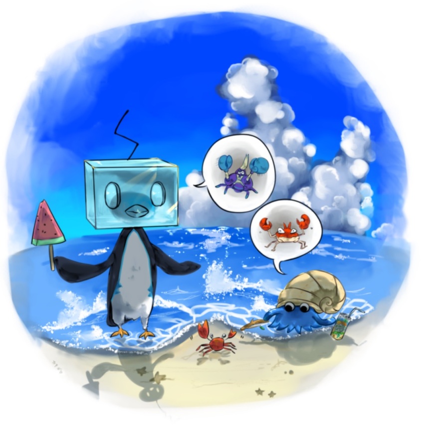 animal_focus backlighting bird black_eyes blue_sky border can cloud crab crabrawler day drink drink_can drinking_straw ebifurai_kakigwa eiscue eiscue_(ice) food gen_1_pokemon gen_7_pokemon gen_8_pokemon holding holding_can holding_drink holding_food holding_popsicle holding_stick horizon ice krabby looking_down nintendo no_humans ocean omanyte outdoors penguin pokemon pokemon_(creature) poking popsicle round_image shell sky soda_can speech_bubble spoken_character stick talking tentacles water watermelon_bar white_border