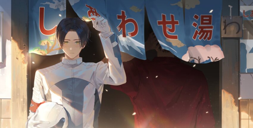 2boys arm_behind_head armband black_hair brown_hair doran_(doran7280) fenix_uniform gloves helmet highres igarashi_daiji igarashi_ikki kamen_rider kamen_rider_revice male_focus military military_uniform multiple_boys short_hair solo_focus upper_body yellow_eyes