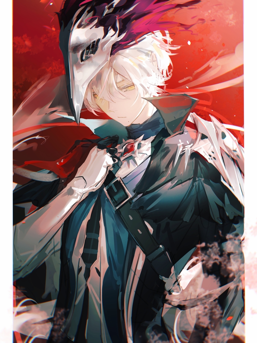 1boy absurdres alternate_costume belt black_belt black_jacket check_clothing chest_belt chinese_commentary closed_mouth clothing_request colored_eyelashes commentary_request hair_between_eyes hand_up highres honseie jacket male_focus mask mask_on_head mole mole_under_mouth punishing:_gray_raven shirt solo upper_body wanshi_(pgr) white_eyelashes white_shirt yellow_eyes
