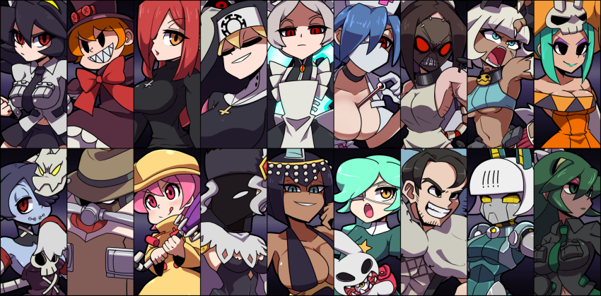 2boys 6+girls ancient_egyptian animal_ears annie_(skullgirls) bare_shoulders beowulf_(skullgirls) between_breasts big_band black_dahlia black_eyes black_hair blonde_hair bloody_marie_(skullgirls) blue_eyes blue_hair bow breasts cerebella_(skullgirls) choker cleavage closed_mouth colored_skin dark_skin double_(skullgirls) eliza_(skullgirls) everyone filia_(skullgirls) fukua_(skullgirls) gloves green_hair grey_hair hair_over_one_eye hat highres holding holding_umbrella hungern_(skullgirls) large_breasts leviathan_(skullgirls) lipstick long_hair looking_at_viewer maid makeup mask midriff ms._fortune_(skullgirls) multiple_boys multiple_girls navel nun nurse orange_hair painwheel_(skullgirls) parasoul_(skullgirls) peacock_(skullgirls) pink_hair purple_hair rabbit red_eyes red_hair revealing_clothes robo-fortune robot sagan_(skullgirls) samson_(skullgirls) shamone_(skullgirls) sharp_teeth short_hair skull skullgirls smile squigly_(skullgirls) teeth thermometer tocanaru tongue tongue_out umbrella umbrella_(skullgirls) underboob valentine_(skullgirls) vice-versa_(skullgirls) white_hair yellow_eyes