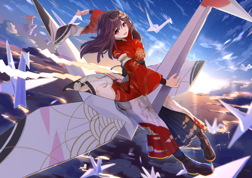 1girl absurdres anima_miko brown_hair cloud cloudy_sky full_body highres japanese_clothes kimono looking_at_viewer medium_hair open_mouth origami original paper_crane pink_eyes red_kimono sky smile solo torii wide_sleeves