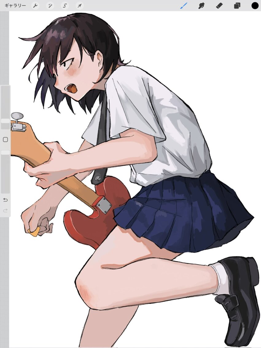 1girl :d art_program_in_frame black_eyes black_hair black_shoes blue_skirt blush commentary dress_shirt electric_guitar foot_out_of_frame futsuu_no_keion-bu guitar guitar_strap hashtag-only_commentary hatono_chihiro highres holding holding_guitar holding_instrument holding_plectrum instrument kusakabe_(kskb_e) loafers miniskirt open_mouth pleated_skirt plectrum procreate_(software) school_uniform shirt shirt_tucked_in shoes short_sleeves simple_background skirt smile socks solo standing standing_on_one_leg summer_uniform white_background white_shirt white_socks