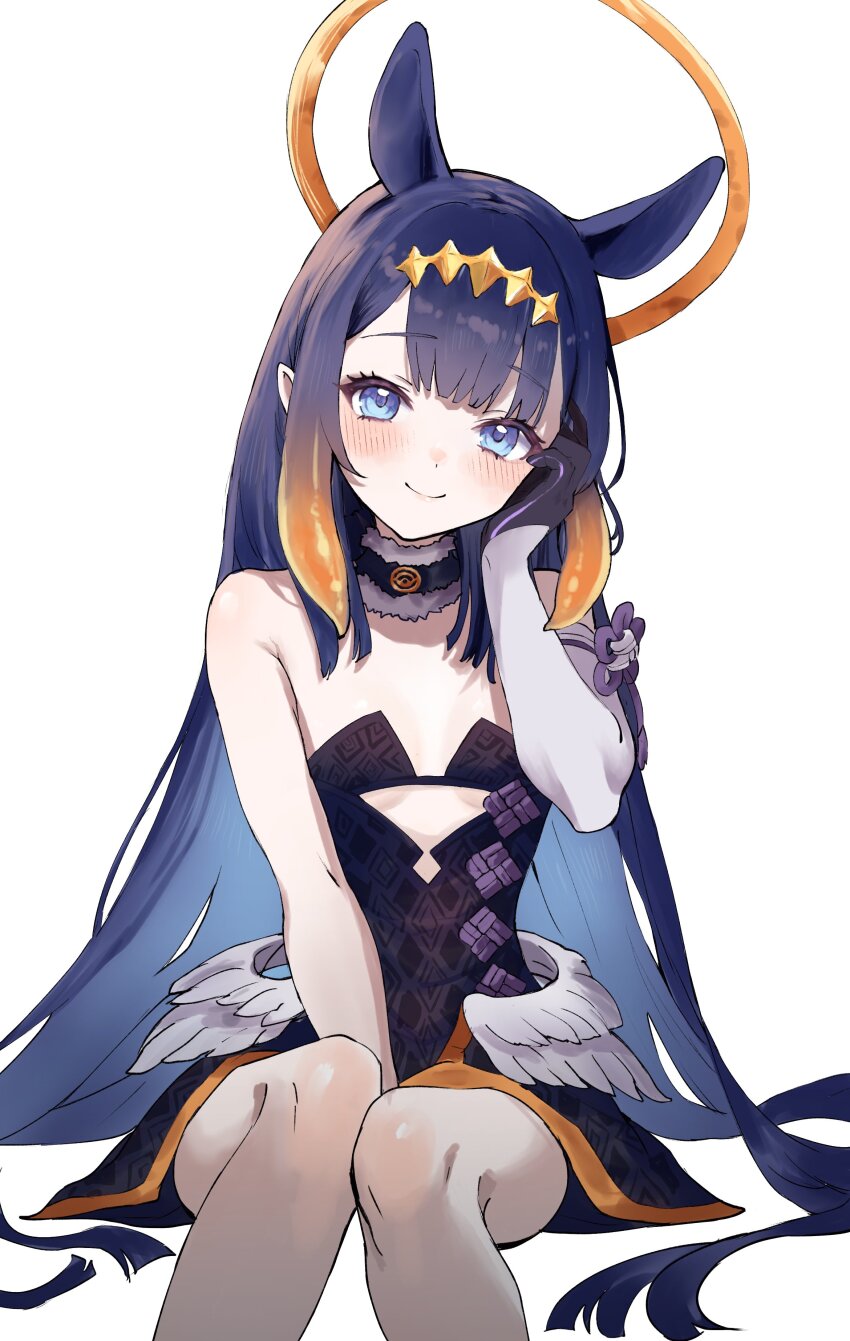 1girl absurdres alternate_hair_color arm_between_legs bare_legs bare_shoulders blue_eyes blue_hair blunt_bangs blush breasts choker closed_mouth cutout_above_navel detached_sleeves diamond_hairband dress extra_ears feathered_wings fur-trimmed_choker fur-trimmed_collar fur_choker fur_trim gradient_hair halo hand_on_own_cheek hand_on_own_face highres hololive hololive_english invisible_chair knees long_hair looking_at_viewer low_wings multicolored_hair ninomae_ina&#039;nis ninomae_ina&#039;nis_(1st_costume) orange_hair pointy_ears purple_hair simple_background single_detached_sleeve sitting small_breasts smile solo strapless strapless_dress tentacle_hair tentacles tube_dress very_long_hair virtual_youtuber white_background wings y_uunaa