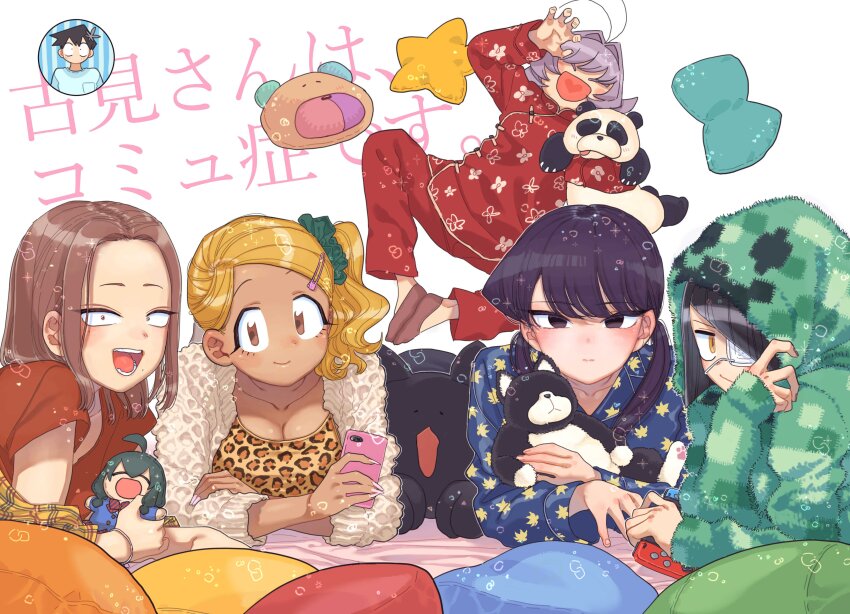 1boy 1other 4girls absurdres animal_print black_eyes black_hair blonde_hair blue_pajamas blue_shirt brown_eyes brown_hair character_doll character_hood chuunibyou closed_mouth color_coordination commentary_request copyright_name creeper expressionless eyepatch fur_jacket green_hoodie hair_intakes highres holding holding_stuffed_toy hood hoodie jacket komi-san_wa_komyushou_desu komi_shouko leopard_print long_sleeves looking_at_viewer lying manbagi_rumiko medical_eyepatch minecraft multiple_girls nakanaka_omoharu oda_tomohito on_stomach onemine_nene open_mouth osana_najimi_(komi-san_wa_komyushou_desu) pajamas pillow purple_hair red_shirt shirt simple_background smile stuffed_animal stuffed_dog stuffed_panda stuffed_toy tadano_hitohito teeth white_background