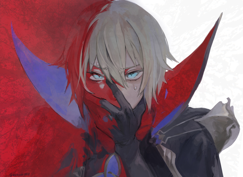 1boy armor artist_name black_cape black_shirt blonde_hair blue_cape blue_eyes cape covering_own_mouth dainsleif_(genshin_impact) genshin_impact hair_between_eyes hand_on_own_face hand_up highres kaimochi0839 long_sleeves looking_at_viewer male_focus red_background shirt short_hair shoulder_armor solo star-shaped_pupils star_(symbol) sweatdrop symbol-shaped_pupils two-sided_cape two-sided_fabric upper_body v-shaped_eyebrows white_background
