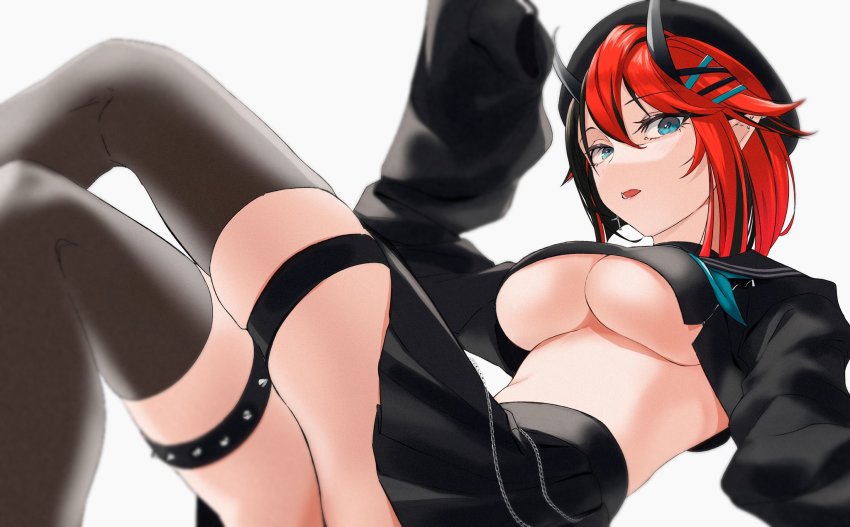 1girl beret black_hair black_hat black_serafuku black_skirt black_thighhighs blue_eyes blue_neckerchief blush breasts commentary_request crop_top crossed_legs demon_girl demon_horns ear_piercing feet_out_of_frame gin_(tttetu123) hair_ornament hat highres horns large_breasts long_sleeves looking_at_viewer multicolored_hair nanashi_inc. neckerchief official_alternate_costume open_mouth piercing pointy_ears red_hair ryugasaki_rene ryugasaki_rene_(3rd_costume) school_uniform serafuku short_hair simple_background skirt sleeves_past_fingers sleeves_past_wrists solo spiked_thighlet sugar_lyric thigh_strap thighhighs two-tone_hair underboob virtual_youtuber x_hair_ornament