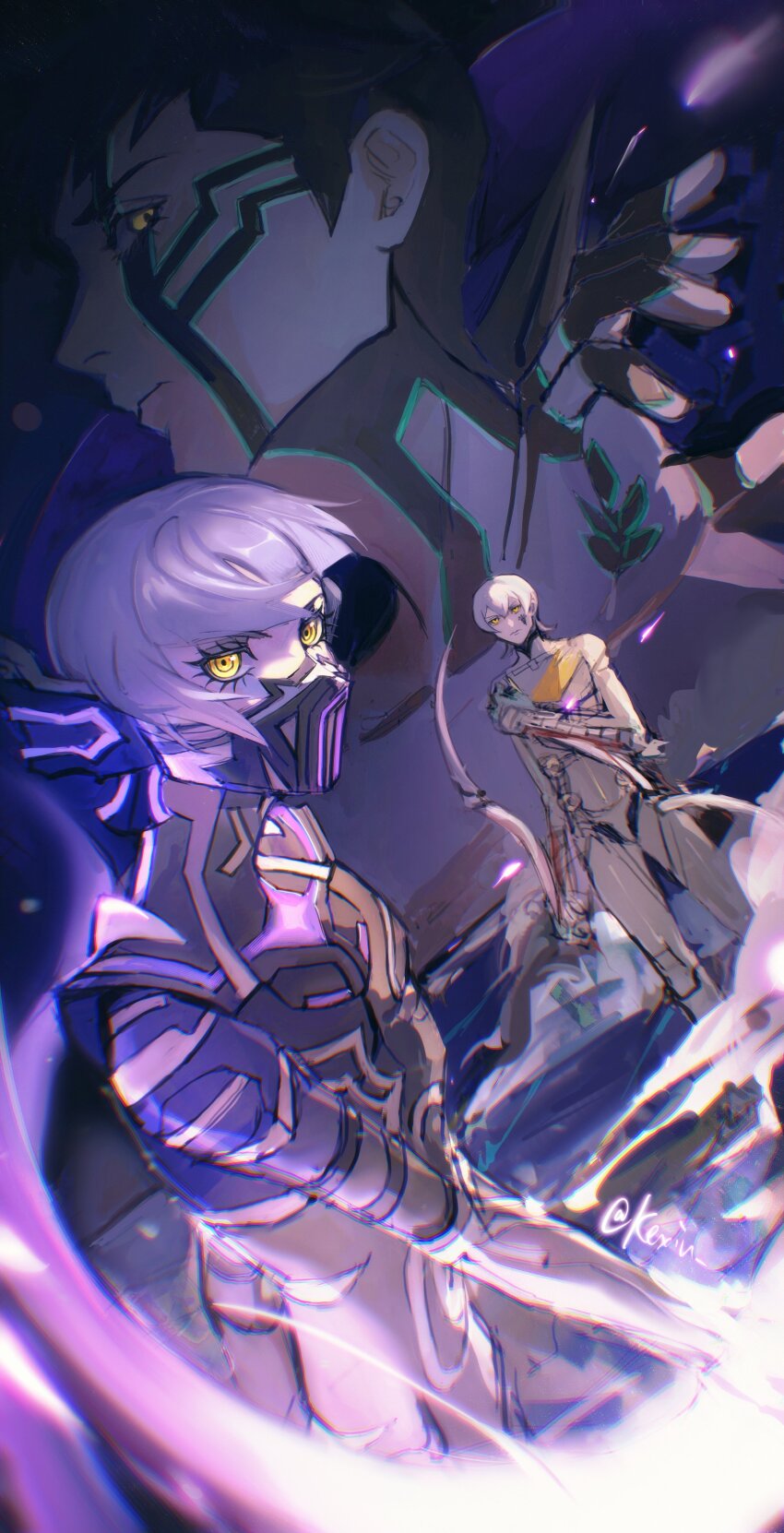 3boys absurdres androgynous black_hair bodysuit commentary demi-fiend digital_devil_saga dutch_angle english_commentary eyelashes facial_mark full-body_tattoo grey_hair highres in-franchise_crossover kexiu looking_at_viewer male_focus mask mouth_mask multiple_boys protagonist_(smtv) serph shin_megami_tensei shin_megami_tensei_iii:_nocturne shin_megami_tensei_v short_hair tattoo twitter_username white_hair yellow_eyes