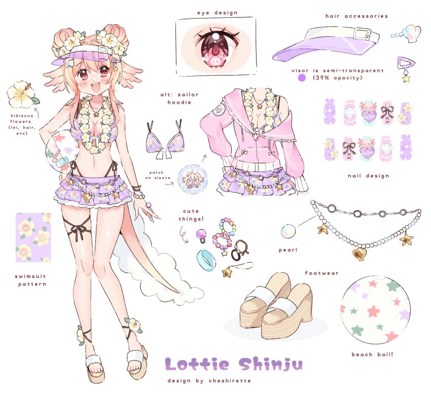 1girl :d alternate_costume alternate_hairstyle artist_name axolotl_girl axolotl_tail ball beachball bikini bracelet breasts character_name cheshirette commentary double_bun english_commentary english_text floral_print_bra flower flower_necklace hair_bun hair_flower hair_ornament hairclip hibiscus highleg highleg_bikini highres hood hoodie jewelry lei long_sleeves lottie_shinju multicolored_nails nail_polish navel necklace official_art open_mouth patch pink_eyes pink_hair pink_hoodie pixellink puffy_long_sleeves puffy_sleeves purple_skirt reference_sheet skirt smile star_(symbol) star_necklace swimsuit teeth tongue upper_teeth_only virtual_youtuber visor_cap white_background white_flower