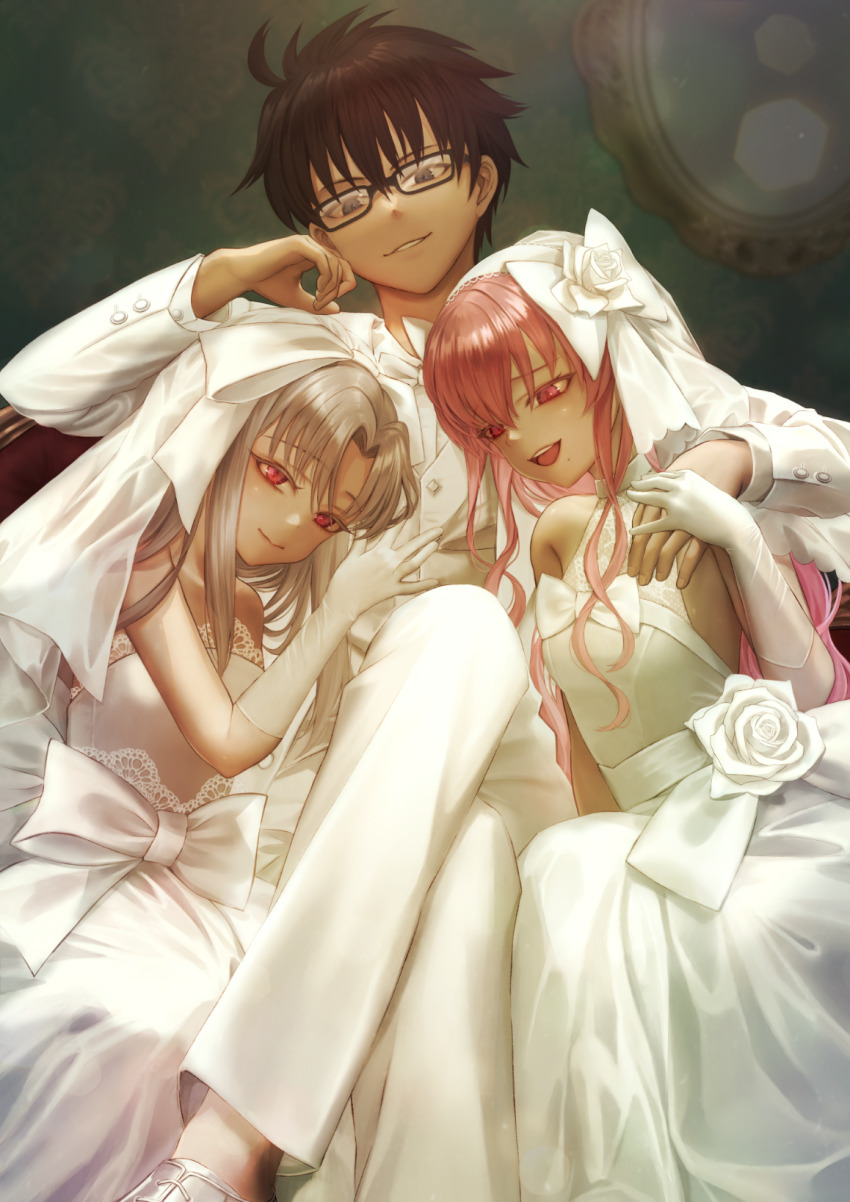 1boy 2girls bare_shoulders black_hair breasts bridal_veil bride commentary_request commission crossed_legs dead_apostle_noel_(tsukihime) dress formal_clothes glasses gloves grey_hair highres looking_at_viewer megumi_(piyo7piyo9) melty_blood multiple_girls noel_(tsukihime) pink_eyes pink_hair red_eyes sitting skeb_commission small_breasts smile suit tohno_shiki tsukihime veil wedding_dress white_len_(tsukihime) white_suit