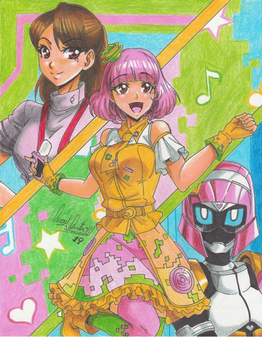 2019 3girls absurdres armor artist_name bare_shoulders belt boots brown_eyes brown_hair fingerless_gloves gloves hair_ornament helmet highres kamen_rider kamen_rider_ex-aid_(series) kamen_rider_poppy karino_asuna long_skirt mole mole_under_eye multiple_girls necktie pink_hair ponytail poppi_pipopapo ravernclouk_design short_hair skirt sweater thighhighs traditional_media turtleneck turtleneck_sweater