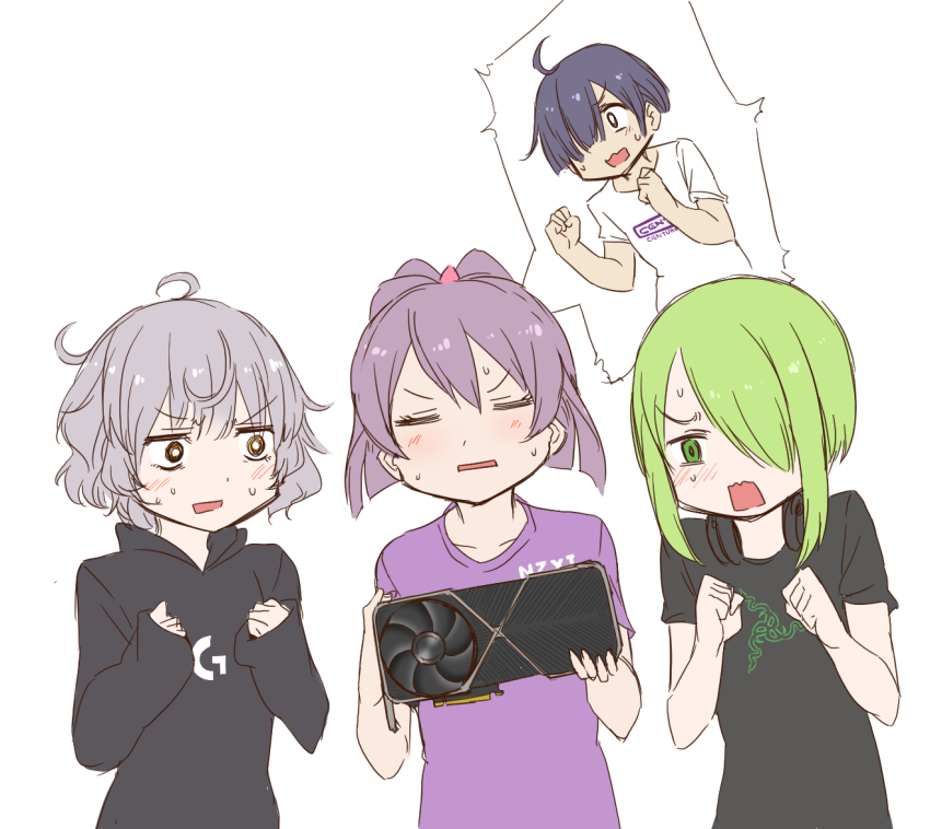 1boy 3girls ahoge aika_himena alternate_costume black_hoodie black_shirt blunt_ends blush closed_eyes graphics_card green_eyes green_hair grey_hair hair_over_one_eye hands_up headphones headphones_around_neck hiko_(madoka_magica) holding hood hood_down hoodie logo long_sleeves magia_record:_mahou_shoujo_madoka_magica_gaiden mahou_shoujo_madoka_magica messy_hair miwa_mitsune miyabi_shigure multiple_girls open_mouth print_shirt purple_hair purple_shirt range_eyes shirt short_hair short_sleeves sidelocks simple_background sweat t-shirt white_background white_shirt