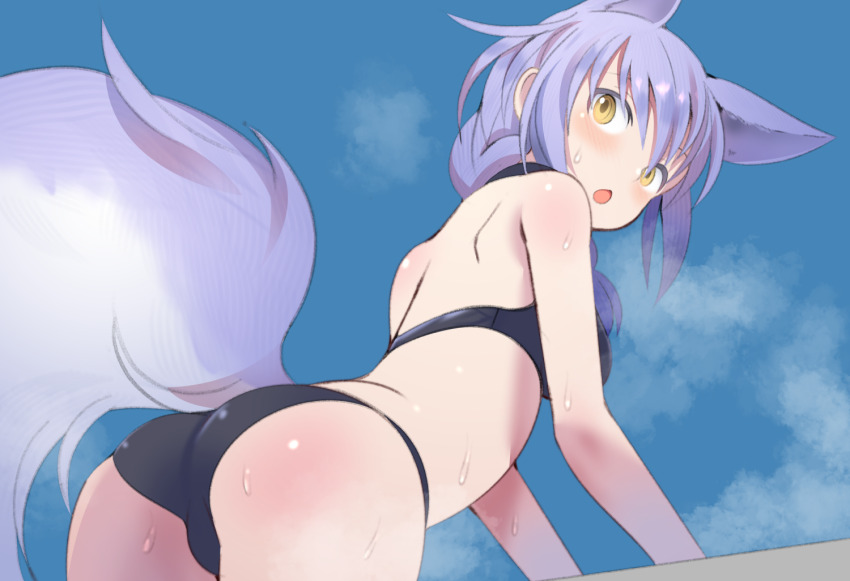 1girl :o animal_ears arknights ass bare_shoulders bikini black_bikini blue_sky blush braid breasts commentary_request day enoki_p from_behind leaning_forward long_hair looking_at_viewer looking_back medium_breasts open_mouth outdoors provence_(arknights) purple_hair single_braid sky solo steaming_body swimsuit tail wet wolf_ears wolf_girl wolf_tail yellow_eyes