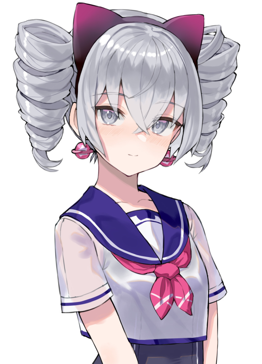 1girl absurdres blush breasts bronya_zaychik bronya_zaychik_(school_swimsuit) drill_hair grey_eyes grey_hair highres honkai_(series) honkai_impact_3rd looking_at_viewer scarlet23i0 simple_background small_breasts smile solo swimsuit swimsuit_under_clothes twin_drills white_background