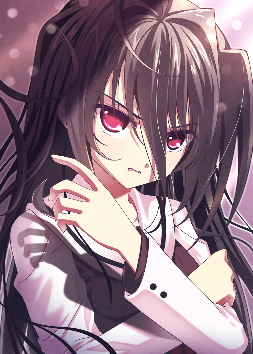 1girl absurdres ahoge black_hair black_vest commentary_request crossed_arms eyes_visible_through_hair g-senjou_no_maou hair_between_eyes hair_intakes hand_up highres long_hair long_hair_between_eyes long_sleeves looking_at_viewer messy_hair open_mouth red_eyes sailor_collar school_uniform serafuku serious shirt solo sukonbu385 upper_body usami_haru v-shaped_eyebrows vest watermark white_sailor_collar white_shirt