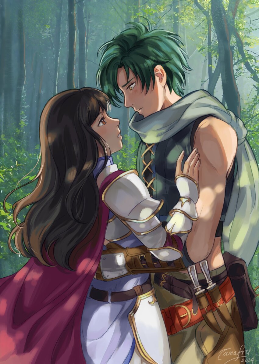 1boy 1girl absurdres arm_around_waist armor astrid_(fire_emblem) black_hair cape commission commissioner_upload couple fingerless_gloves fire_emblem fire_emblem:_radiant_dawn gloves green_hair hetero highres long_hair looking_at_another nintendo outdoors parted_lips pauldrons shirt shoulder_armor sleeveless sleeveless_shirt sothe_(fire_emblem) tamafry tree yellow_eyes