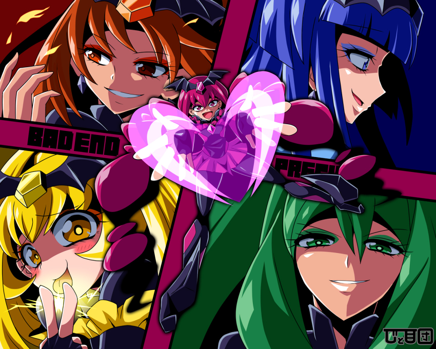 5girls :d anime_coloring bad_end_beauty bad_end_happy bad_end_march bad_end_peace bad_end_precure bad_end_sunny black_bodysuit black_gloves blonde_hair blue_eyes blue_eyeshadow blue_hair bodysuit colored_tongue earrings evil_smile eyeshadow fingerless_gloves gloves green_eyes green_eyeshadow green_hair grin hair_ornament heart highres jewelry legs_apart lightning long_hair looking_at_viewer looking_to_the_side makeup multiple_girls open_mouth orange_eyes orange_eyeshadow orange_hair outstretched_arms pink_eyes pink_eyeshadow pink_hair pink_skirt precure profile skirt smile smile_precure! soboro_(jitome_dan) tongue tongue_out v yellow_eyes yellow_eyeshadow yellow_tongue