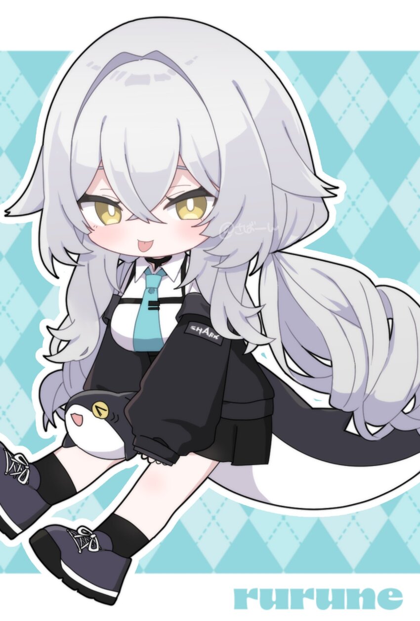 1girl :p akikan_sabako argyle_background black_jacket black_shoes black_skirt black_socks blue_background blue_necktie blush breasts character_name chibi closed_mouth collared_shirt crossed_bangs fins fish_tail full_body grey_hair hair_between_eyes hair_intakes highres holding holding_stuffed_toy jacket large_breasts long_hair long_sleeves looking_at_viewer low_twintails medium_breasts necktie open_clothes open_jacket outline pleated_skirt puffy_long_sleeves puffy_sleeves rurune_(vrchat) shark_tail shirt shoes sidelocks simple_background sitting skirt sleeves_past_wrists smile socks solo stuffed_animal stuffed_shark stuffed_toy tail tongue tongue_out twintails twitter_username very_long_hair vrchat white_outline white_shirt yellow_eyes