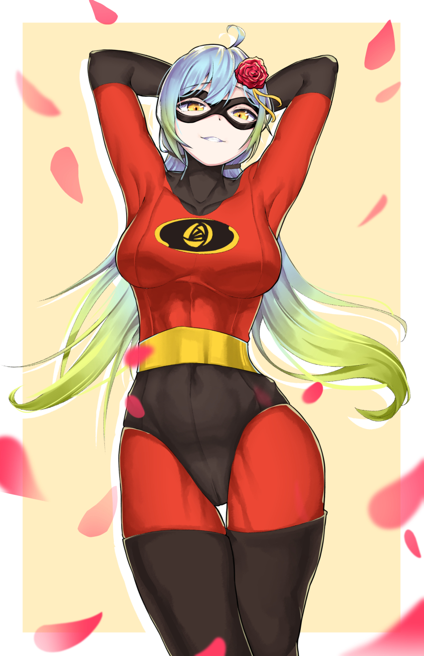 1girl absurdres blue_hair bodysuit border breasts colored_tips cosplay cowlick domino_mask elastigirl elastigirl_(cosplay) green_hair gyeon_jahee highres indie_virtual_youtuber kim_chelswuchelswu korean_commentary long_hair looking_at_viewer mask medium_breasts multicolored_hair orange_eyes outside_border parted_lips red_bodysuit the_incredibles very_long_hair virtual_youtuber white_border yellow_background
