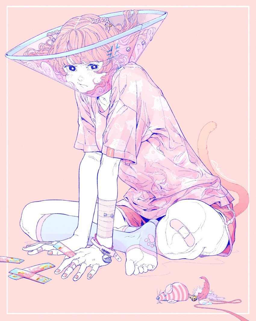 1girl absurdres akira_13go animal_print bandaged_arm bandages bandaid bandaid_on_knee bandaid_on_leg black_eyes bright_pupils cat_tail closed_mouth colored_skin commentary_request feathers feet fish_print full_body highres kneehighs looking_at_viewer medium_hair mouse_(animal) no_shoes orange_hair original paw_print pet_cone pink_background pink_hair pink_nails pink_shirt shirt short_sleeves simple_background sitting socks soles solo tail ticket toeless_legwear toes white_pupils white_skin