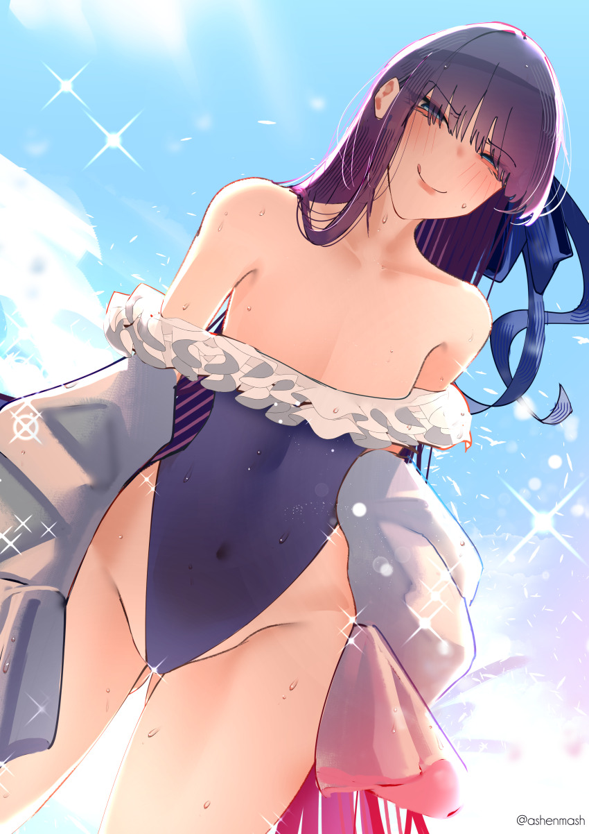 1girl :q absurdres bare_shoulders blue_eyes blue_sky blush cloud covered_navel cyrilashnmsh fate/extra fate/extra_ccc fate/grand_order fate_(series) flat_chest frills gluteal_fold groin highres leotard long_hair looking_at_viewer meltryllis meltryllis_(fate) meltryllis_(swimsuit_lancer)_(fate) outdoors purple_hair sky smile solo tongue tongue_out wet