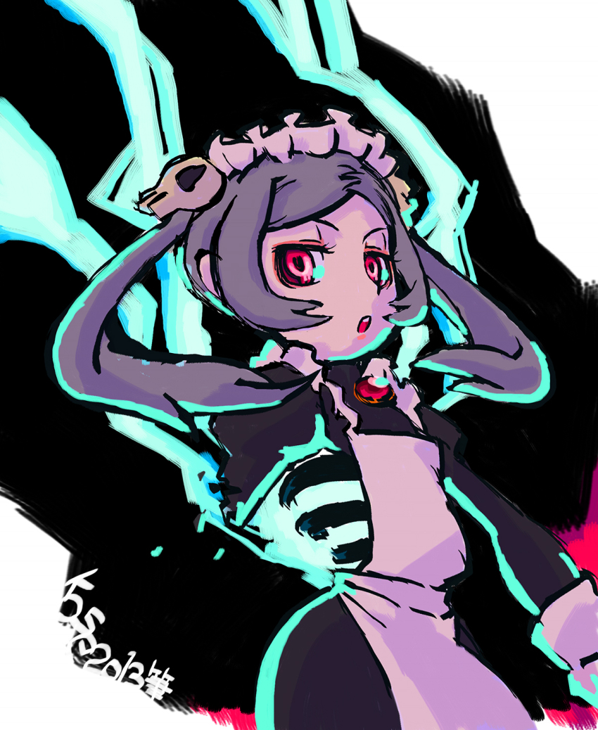 1girl apron bags_under_eyes bloody_marie_(skullgirls) brooch cowboy_shot dress energy frilled_apron frills grey_hair hair_ornament half-closed_eyes highres jewelry juliet_sleeves kose2013 long_sleeves looking_back maid_headdress open_mouth puffy_sleeves red_eyes ribs skeleton skull_hair_ornament skullgirls solo twintails