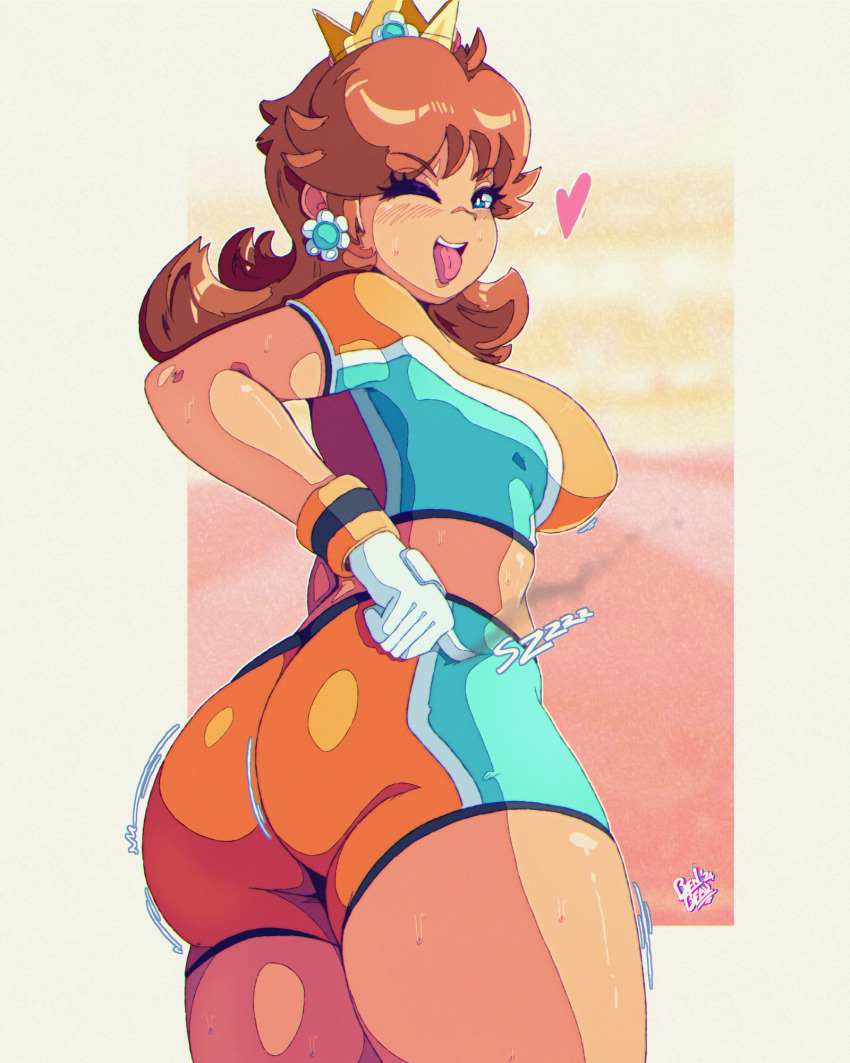 1girl ass benbeau blue_eyes blush border brown_hair cowboy_shot crown earrings from_behind gloves gradient_background grey_border highres jewelry long_hair looking_at_viewer looking_back mario_(series) mario_strikers_(series) midriff nintendo one_eye_closed open_mouth princess_daisy shorts smile solo sportswear standing super_mario_strikers sweat tongue tongue_out white_gloves wink