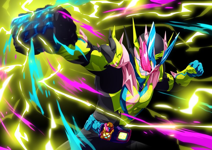 1boy adk-em armor bandai bandai_namco blue_gloves clenched_hand electricity fighting_stance gloves green_armor highres ishimori_prod kamen_rider kamen_rider_revi kamen_rider_revice kamen_rider_revice_(form) kamen_rider_vice lightning male_focus otokamu pink_armor red_eyes revice_driver rolling_vistamp sharp_teeth spiked_armor spikes stamp_mark teeth thundergale_vistamp toei_company tokusatsu tv_asahi vistamp