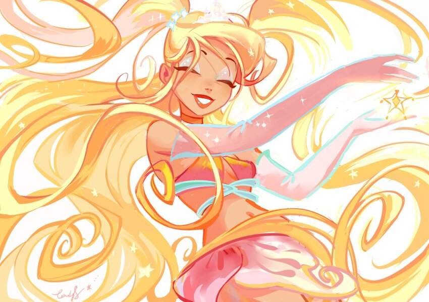 1girl bare_shoulders beads blonde_hair closed_eyes commentary commentary_request cowboy_shot crop_top elbow_gloves enchantix english_commentary eyelashes floating_hair flower_skirt gloves grin hair_beads hair_ornament halter_shirt halterneck happy highres ladyshalirin lipstick long_hair magical_girl makeup midriff miniskirt navel object_floating_above_hand orange_shirt orange_skirt pink_gloves pink_skirt red_lips shirt simple_background skirt smile solo star_(symbol) stella_(winx_club) two-tone_skirt two_side_up very_long_hair white_background white_eyeshadow winx_club